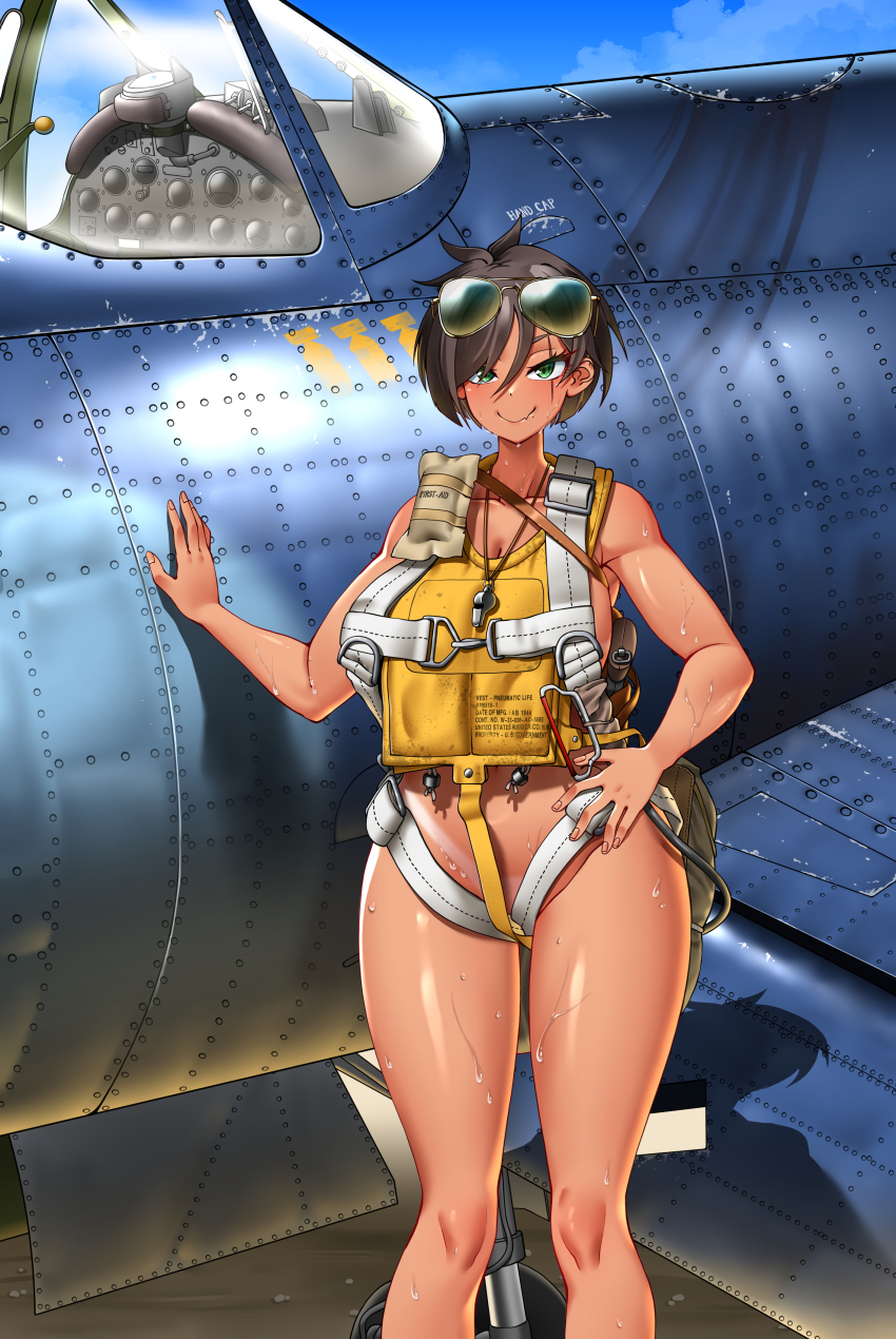 1girl absurdres aircraft airplane aviator_sunglasses brown_hair f4u_corsair fang fighter_jet green_eyes harness highres hitch_(perotoss) military military_vehicle mole mole_under_mouth original pilot propeller_fighter scar scar_across_eye scar_on_face short_hair skin_fang smile solo sunglasses tan tanline tomboy united_states_marine_corps whistle whistle_around_neck