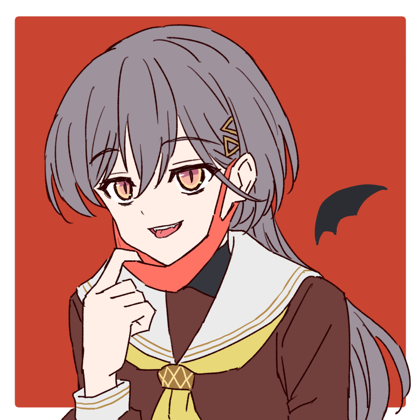 1girl border brown_dress commentary_request drawn_wings dress fangs grey_hair hair_between_eyes hair_ornament hasu_no_sora_fantasy highres katsuragi_izumi link!_like!_love_live! long_hair long_sleeves looking_at_viewer love_live! mask mask_pull mouth_mask neckerchief nogreen open_mouth orange_eyes outside_border parody pulling_own_clothes red_background red_mask sailor_collar sailor_dress simple_background slit_pupils smile solo tongue tongue_out triangle_hair_ornament turtleneck upper_body vampire_(vocaloid) virtual_youtuber white_border white_sailor_collar winter_uniform wolf_cut yellow_neckerchief