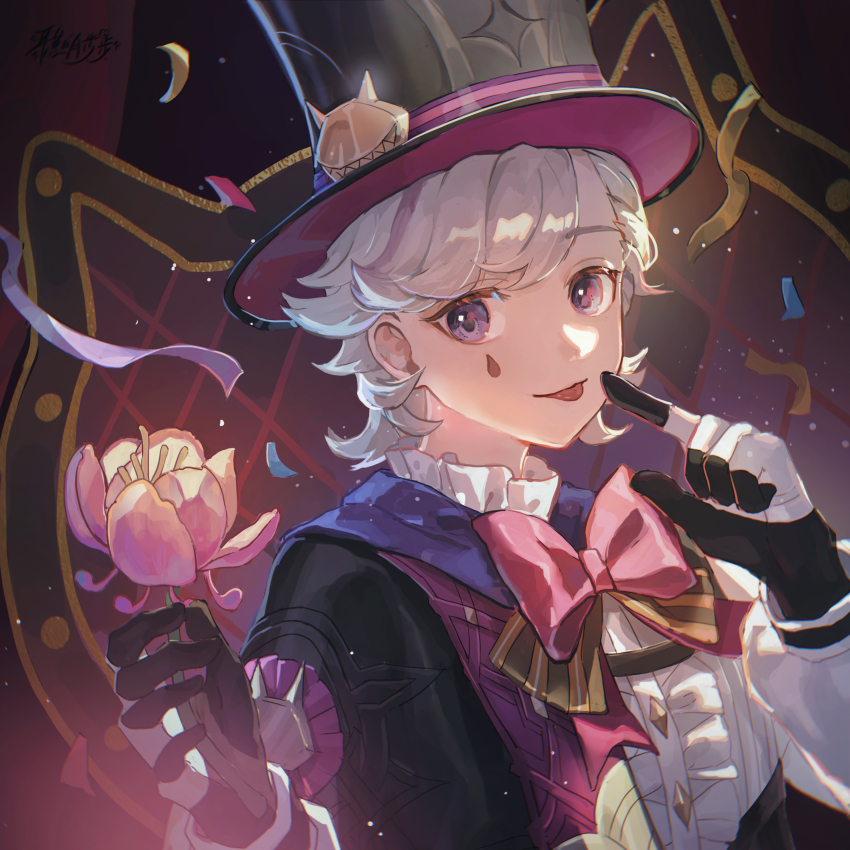 1boy absurdres black_gloves bow bowtie flower frills genshin_impact gloves grey_hair hat highres holding holding_flower index_finger_raised kongmingbubu long_sleeves looking_at_viewer lyney_(genshin_impact) male_focus petals purple_eyes red_bow red_bowtie rose shirt short_hair signature solo tongue tongue_out top_hat upper_body white_gloves white_shirt