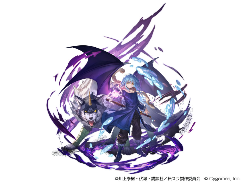 1other aqua_hair black_pants blue_footwear boots closed_mouth copyright_notice crossed_bangs floating_hair granblue_fantasy hair_between_eyes highres holding holding_sword holding_weapon long_hair long_sleeves looking_at_viewer official_art pants ranga_(tensura) rimuru_tempest second-party_source sheath sheathed smile standing straight-on sword tensei_shitara_slime_datta_ken weapon wings yellow_eyes zoom_layer