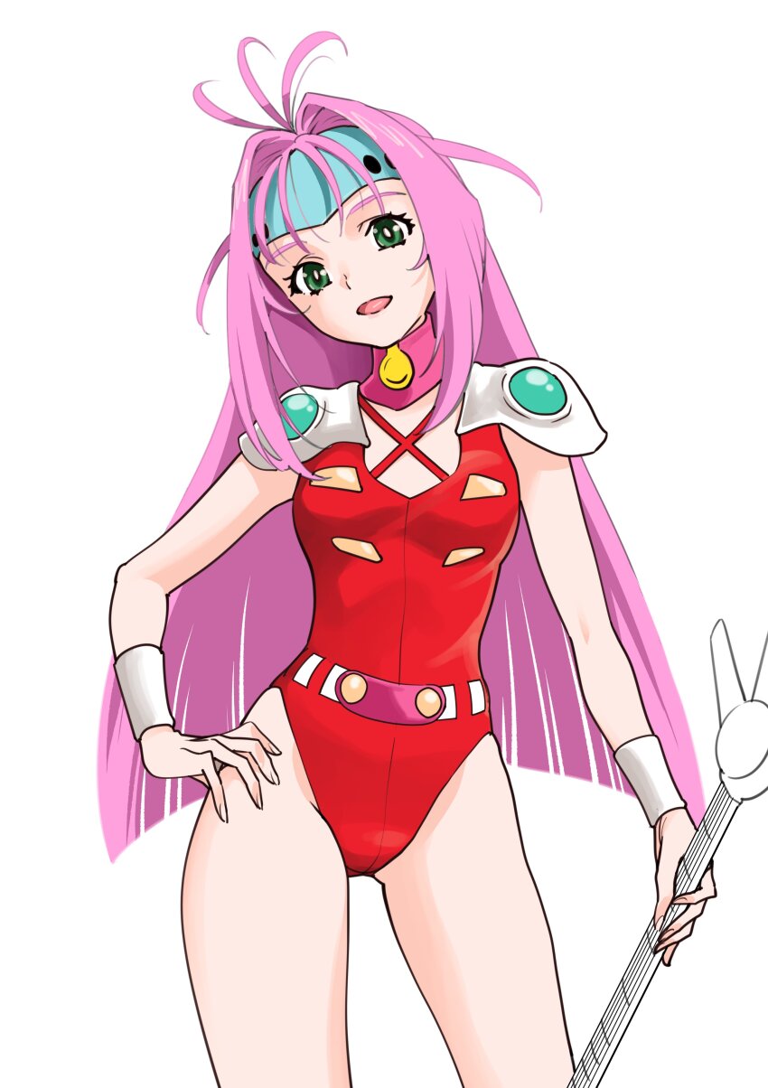 1girl absurdres breasts green_eyes guitar hair_intakes hashiguchi_takashi highres instrument leotard long_hair looking_at_viewer macross macross_7 mylene_jenius open_mouth pink_hair red_leotard simple_background small_breasts smile solo white_background