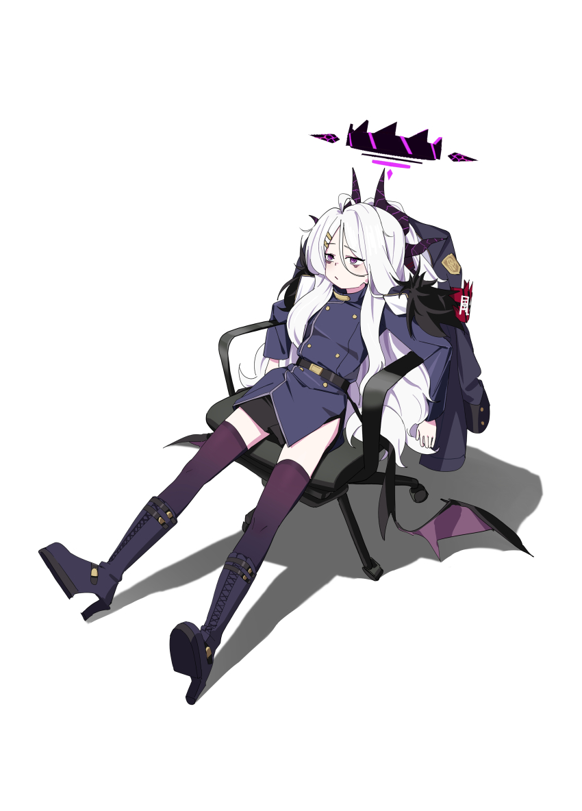 1girl absurdres adon_(dufaladanidu) belt black_belt black_halo black_horns black_skirt blue_archive boots buttons chair closed_mouth coat commentary double-breasted english_commentary full_body fur-trimmed_coat fur_trim hair_between_eyes halo high_heel_boots high_heels highres hina_(blue_archive) horns jacket long_hair long_sleeves low_wings multiple_horns on_chair purple_eyes purple_jacket shadow simple_background sitting skirt solo swivel_chair thighhighs white_background white_hair wings