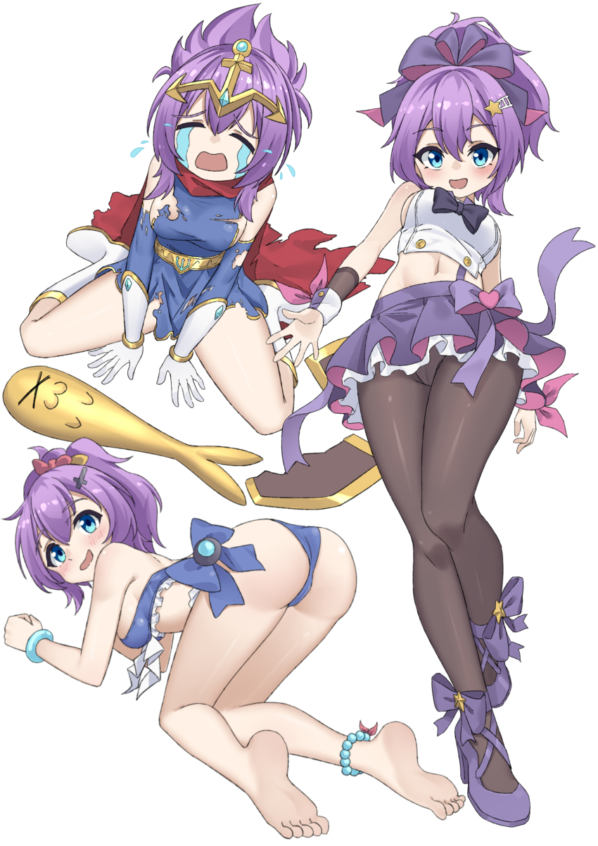 &gt;_&lt; 1girl absurdres all_fours anklet ass azur_lane bare_shoulders barefoot bikini black_pantyhose blue_bikini blue_eyes blush bow bracelet breasts closed_eyes cross_hair_ornament crown crying dress feet full_body gloves hair_between_eyes hair_bow hair_ornament hair_ribbon high_heels highres javelin_(a_legend_is_born?!)_(azur_lane) javelin_(azur_lane) javelin_(beach_picnic!)_(azur_lane) javelin_(energetic_idol_@120_motivation!)_(azur_lane) jewelry looking_at_viewer medium_breasts midriff multiple_views navel official_alternate_costume onejio open_mouth panties panties_under_pantyhose pantyhose ponytail purple_bow purple_hair purple_ribbon purple_skirt ribbon shirt simple_background sitting skirt sleeveless sleeveless_shirt smile soles swimsuit sword tears tiara toes torn_clothes underwear wariza weapon white_background white_gloves white_shirt x_x