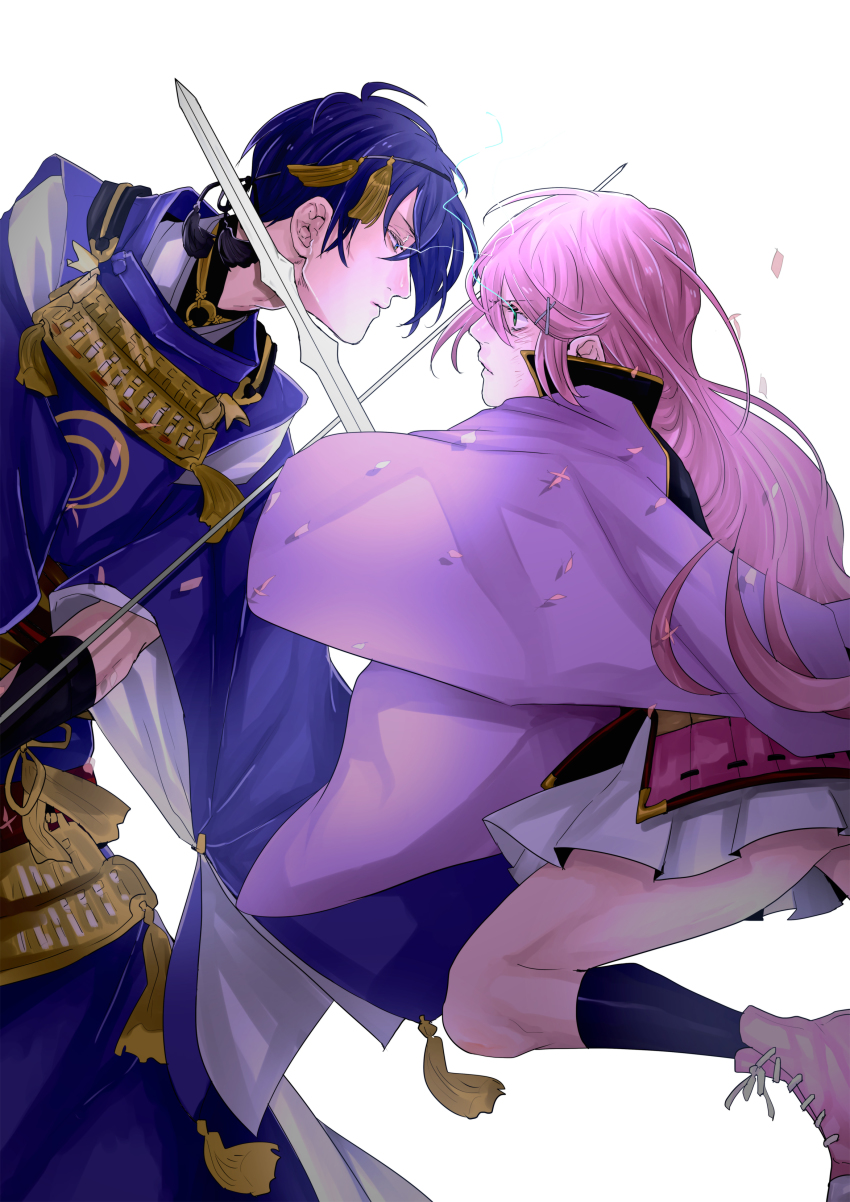 1boy 1girl absurdres battle blue_eyes blue_hair clash confrontation crossover duel eye_contact eyelashes frown glaring green_eyes hairband harukanaru_toki_no_naka_de harukanaru_toki_no_naka_de_3 highres holding holding_sword holding_weapon japanese_clothes kariginu kasuga_nozomi kataginu kimono kimono_skirt lightning_glare long_hair looking_at_another mikazuki_munechika pink_hair sparks sword tachi_(weapon) tassel tateru_(pixiv3071787) thighs touken_ranbu weapon