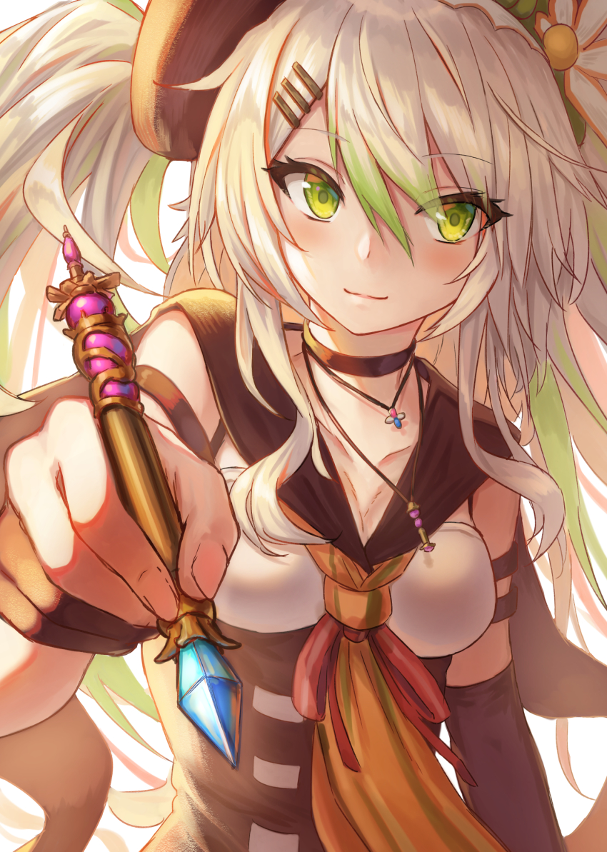 1girl arm_at_side black_choker black_gloves black_sailor_collar blush breasts camomi_camomi choker cleavage closed_mouth collarbone female_focus fingernails foreshortening gloves gohei_(aoi_yuugure) gradient_hair green_hair hair_between_eyes hair_ornament hairclip highres holding holding_pen indie_virtual_youtuber jewelry long_hair looking_at_viewer looking_back medium_breasts multicolored_hair nanashi_inc. neckerchief necklace orange_neckerchief partially_fingerless_gloves pen sailor_collar shirt sidelocks silver_hair sleeveless sleeveless_shirt smile solo twintails upper_body v_ap_art virtual_youtuber