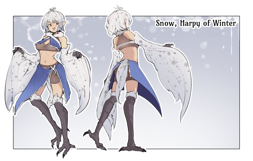 1girl ahoge bare_shoulders bird_legs bird_tail blue_skirt breasts character_name claws commentary crop_top crotchless_shorts feathered_wings grey_feathers grey_hair grey_wings halterneck highres looking_at_viewer midriff multicolored_hair multiple_views nanostar navel open_mouth original pointy_ears short_hair shorts shorts_under_skirt skirt small_breasts tail talons two-tone_hair winged_arms wings yellow_eyes