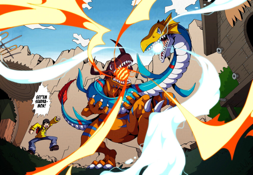 d_sandy digimon digimon_(creature) fire greymon looking_at_another mameo_(digimon) seadramon sharp_teeth teeth water