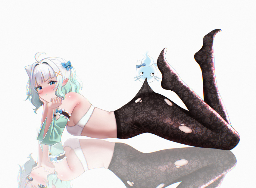 1girl absurdres andrl aqua_sleeves black_pantyhose blue_eyes blush bra breasts commentary detached_sleeves feet_up floral_print_pantyhose full_body gradient_hair green_hair hair_ornament hairclip high-waist_pantyhose highres indie_virtual_youtuber lace_pantyhose lace_pantyhose_hooked_on_heel_(meme) looking_at_viewer lying meme mint_fantome multicolored_hair no_shoes on_stomach pantyhose pointy_ears pout short_hair simple_background small_breasts solo the_pose torn_clothes torn_pantyhose triangular_headpiece two_side_up underwear virtual_youtuber wavy_hair white_background white_bra white_hair wisps_(mint_fantome) x_hair_ornament