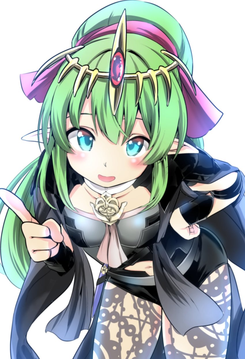 1girl armor clothing_cutout cosplay female_byleth_(fire_emblem) female_byleth_(fire_emblem)_(cosplay) female_focus fire_emblem fire_emblem:_mystery_of_the_emblem fire_emblem:_three_houses green_eyes green_hair hahe highres leaning_forward long_hair navel_cutout nintendo open_mouth pantyhose pointy_ears ponytail short_shorts shorts solo tiara tiki_(fire_emblem) tiki_(young)_(fire_emblem)