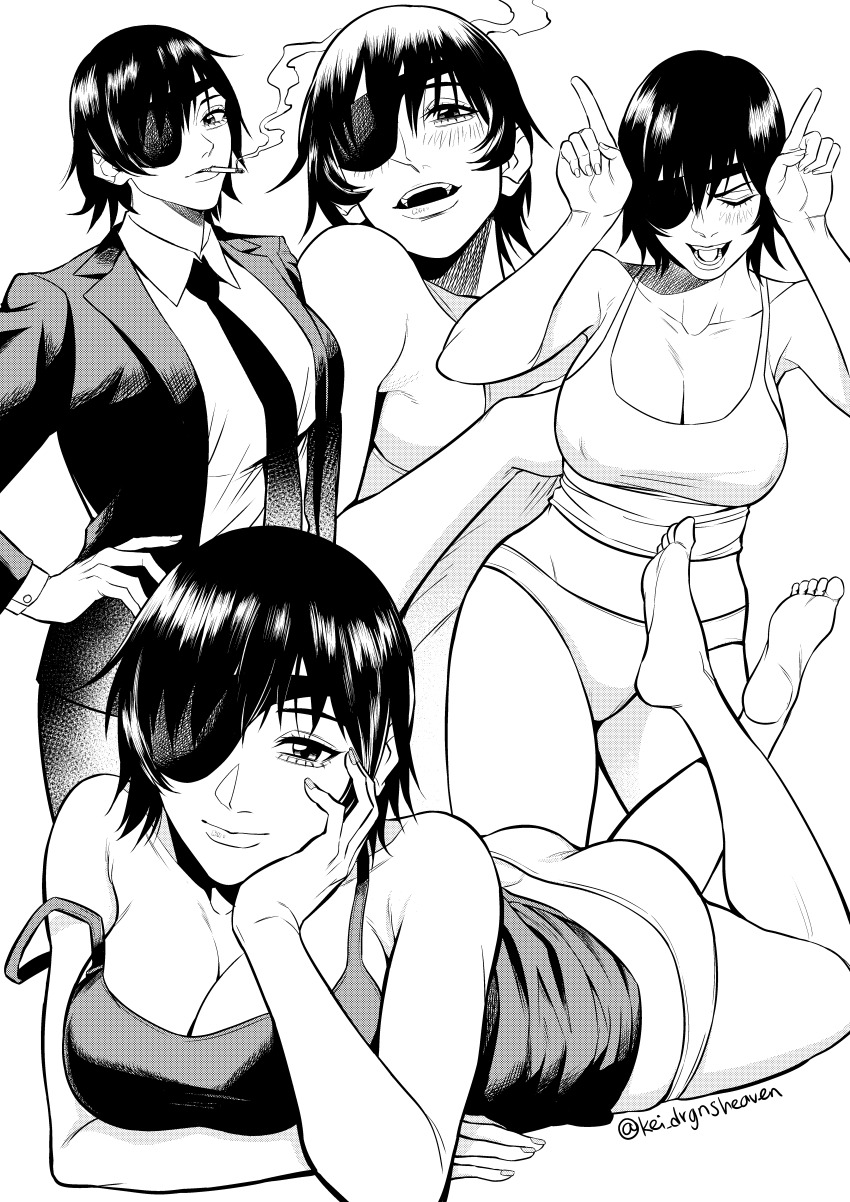 1girl absurdres ass breasts chainsaw_man cleavage closed_mouth commentary covered_erect_nipples eyepatch formal_clothes greyscale hand_on_own_hip highres himeno_(chainsaw_man) horns_pose jacket kei_dragonsheaven large_breasts lying monochrome necktie on_stomach open_mouth panties short_hair signature smoke strap_slip suit tank_top the_pose underwear