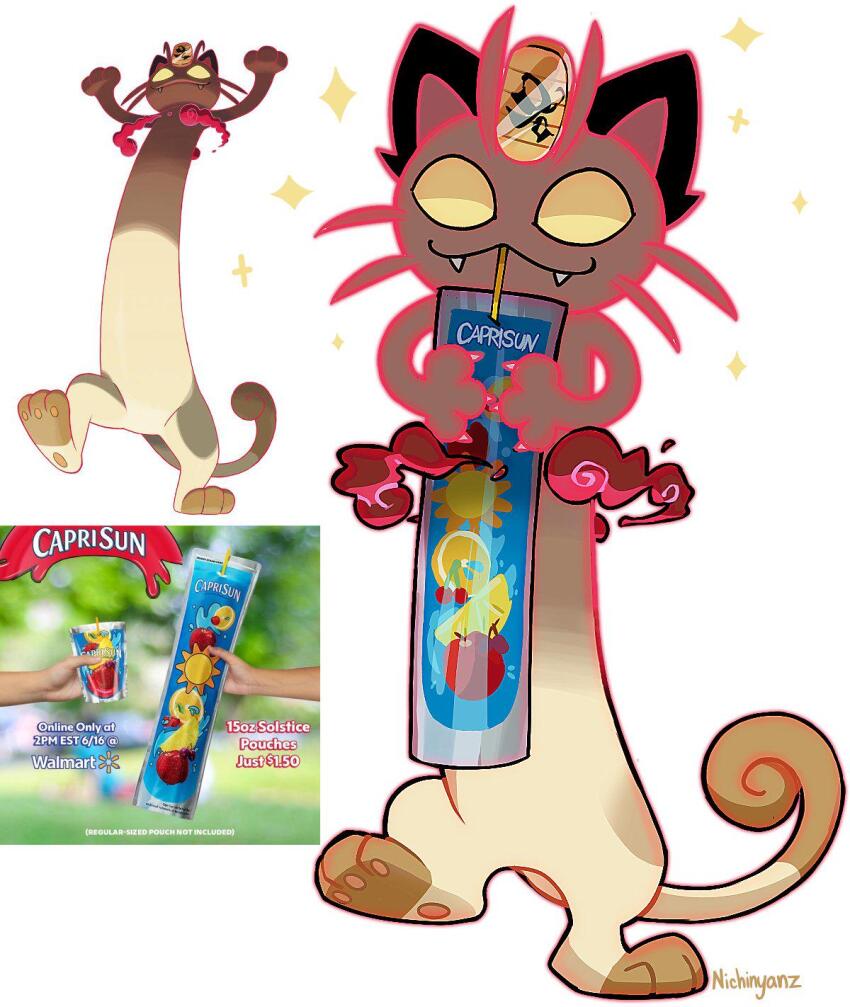 artist_name brown_fur capri-sun gen_1_pokemon gigantamax gigantamax_meowth highres meowth nichinyanz nintendo photo_inset pokemon pokemon_(creature) reference_inset solid_eyes sparkle tail two-tone_fur yellow_eyes