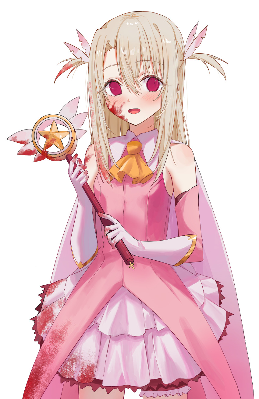 1girl absurdres bare_shoulders blonde_hair blood blood_in_hair blood_on_arm blood_on_clothes blood_on_face blood_on_gloves bloody_clothes bloody_dress blush commentary_request detached_sleeves dress fate/kaleid_liner_prisma_illya fate_(series) feather_hair_ornament feathers frilled_thigh_strap gloves hair_between_eyes hair_ornament highres holding holding_wand illyasviel_von_einzbern kaleidostick kaze_22 long_hair looking_at_viewer magical_girl magical_ruby no_pupils open_mouth prisma_illya red_eyes sidelocks simple_background sleeveless sleeveless_dress solo thigh_strap two_side_up wand white_background white_gloves