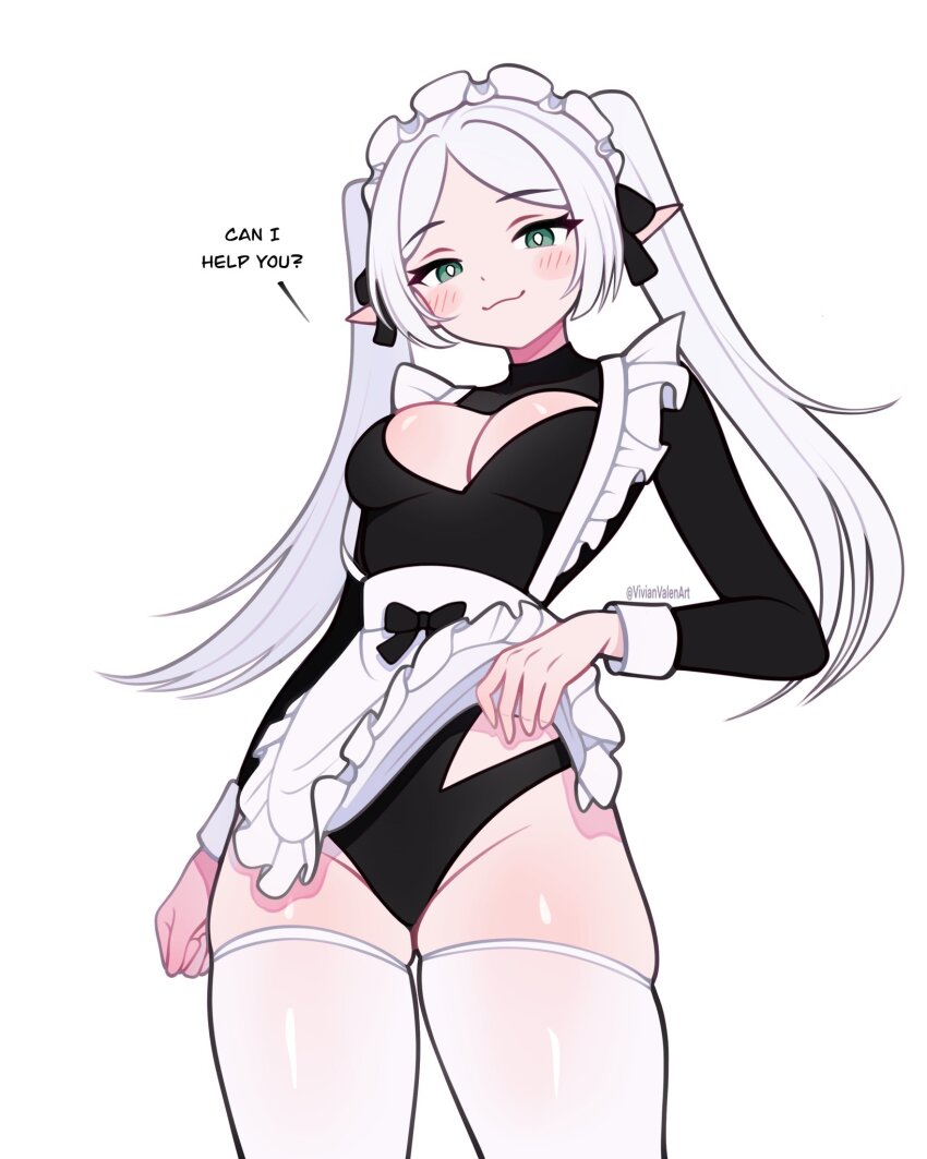 1girl :3 blush breasts cleavage cleavage_cutout clothes_lift clothing_cutout commentary english_commentary english_text frieren green_eyes highres looking_at_viewer maid maid_headdress skirt skirt_lift solo sousou_no_frieren vivianvalenart