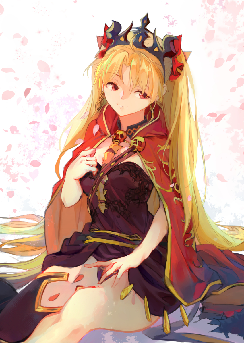 1girl blonde_hair breasts cloak crown ereshkigal_(fate) eyebrows_hidden_by_hair falling_petals fate/grand_order fate_(series) headdress highres jewelry long_hair looking_at_viewer medium_breasts necklace petals red_eyes saitogiulio sitting skirt skull smile solo very_long_hair