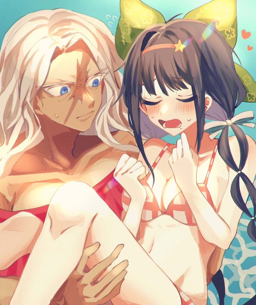 2girls absurdres bikini black_hair blue_eyes breasts carrying chabashira_tenko closed_eyes collarbone colored_eyelashes commentary danganronpa:_trigger_happy_havoc danganronpa_(series) danganronpa_v3:_killing_harmony dark-skinned_female dark_skin embarrassed hair_ribbon hairband heart highres long_hair long_sleeves mole mole_under_mouth multiple_girls muscular muscular_female navel nemari_(nemaru_0907) ogami_sakura open_mouth princess_carry ribbon scar scar_on_face shy sweat swimsuit twintails water white_hair yuri
