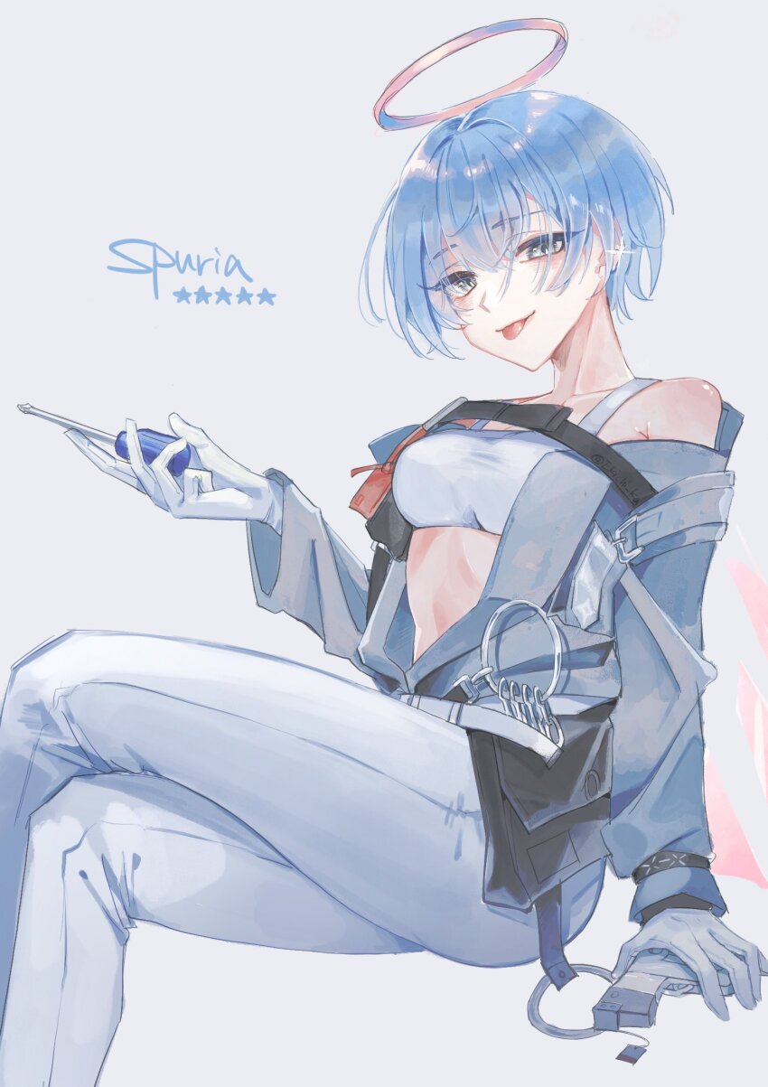 1girl arknights bare_shoulders blue_hair commentary_request gun halo handgun highres samiya_(hanakoro) screwdriver short_hair solo spuria_(arknights) stomach tongue tongue_out weapon