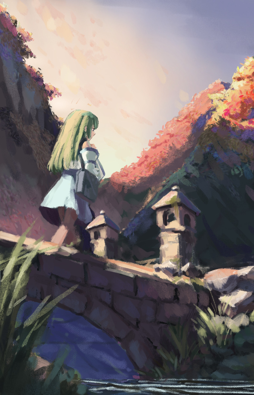 1girl absurdres autumn bag bare_shoulders blue_eyes blue_skirt bridge detached_sleeves facing_away factorrainbow grass green_hair highres hill kochiya_sanae long_hair long_sleeves moss river scenery shirt shoulder_bag skirt skirt_set sky sleeve_ribbon sleeveless sleeveless_shirt solo stone_lantern touhou wide_sleeves