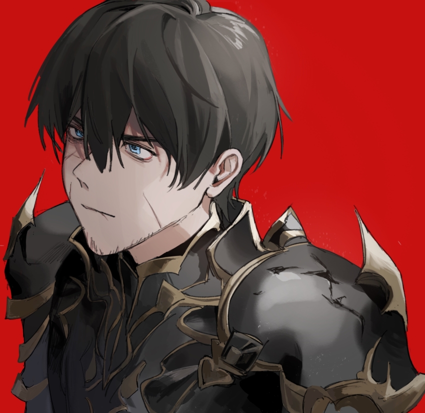 1boy adventurer_(ff14) armor baobing black_armor black_hair blue_eyes chinese_commentary closed_mouth commentary_request facial_hair final_fantasy final_fantasy_xiv hair_between_eyes highres male_focus portrait red_background scar scar_on_face short_hair simple_background solo stubble variant_set warrior_of_light_(ff14)