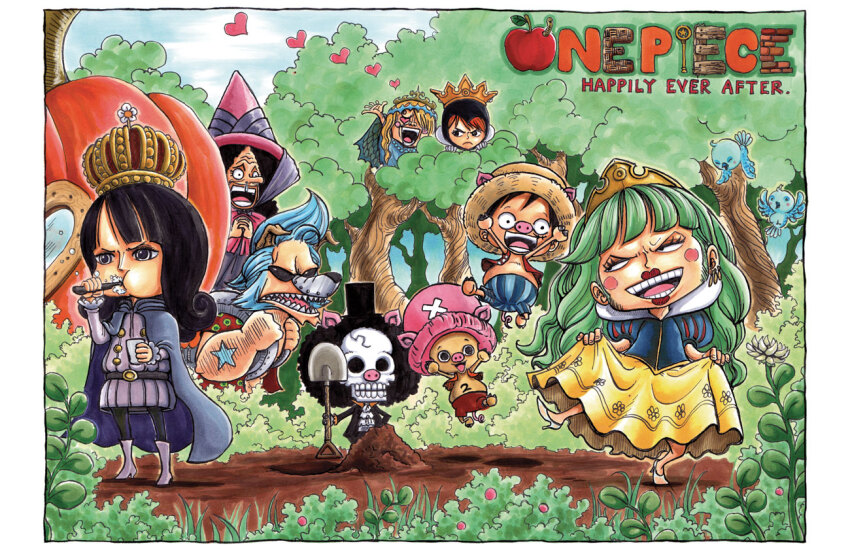 2girls 6+boys bird black_hair blonde_hair blue_hair blunt_bangs boots brook_(one_piece) cape chibi clothes_lift commentary copyright_name cosplay cross crown dress e1n english_commentary forest franky_(one_piece) green_hair hat heart heart-shaped_eyes high_heels holding light_blue_hair long_hair long_nose looking_at_another monkey_d._luffy multiple_boys multiple_girls nami_(one_piece) nature nico_robin one_piece open_mouth orange_hair pink_hat roronoa_zoro sanji_(one_piece) skeleton skirt skirt_hold sky smile snow_white_(disney) snow_white_(disney)_(cosplay) straw_hat tony_tony_chopper usopp