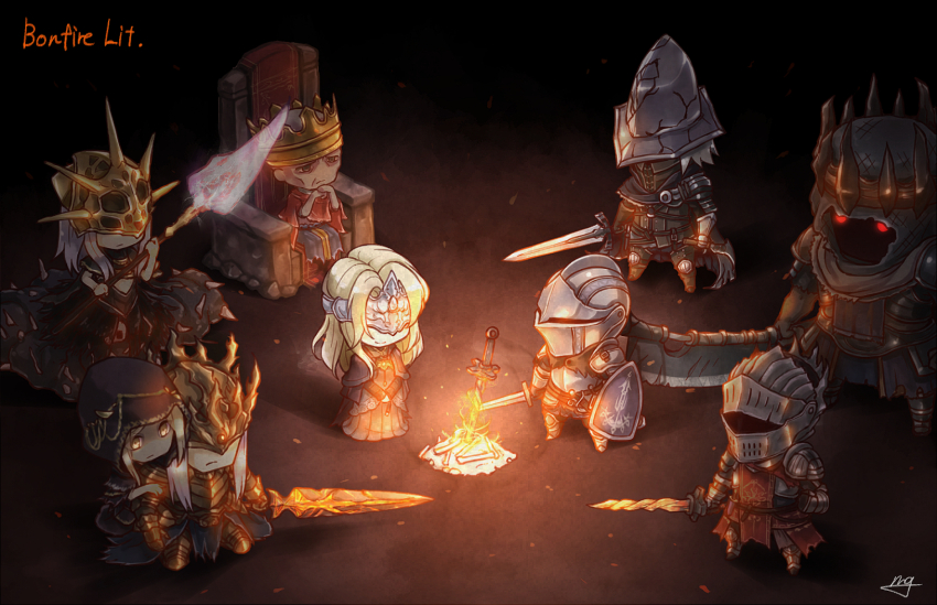 1girl abyss_watcher aldrich_devourer_of_gods armor ashen_one_(dark_souls) blonde_hair bonfire_(dark_souls) covered_eyes dagger dark_souls_(series) dark_souls_iii eclipse fire fire_keeper flaming_sword flaming_weapon full_armor fushigi_ebi gauntlets greatsword helmet highres holding holding_sword holding_weapon jewelry knife lorian_(elder_prince) lothric_(younger_prince) mask soul_of_cinder sword weapon yhorm&#039;s_great_machete_(weapon) yhorm_the_giant