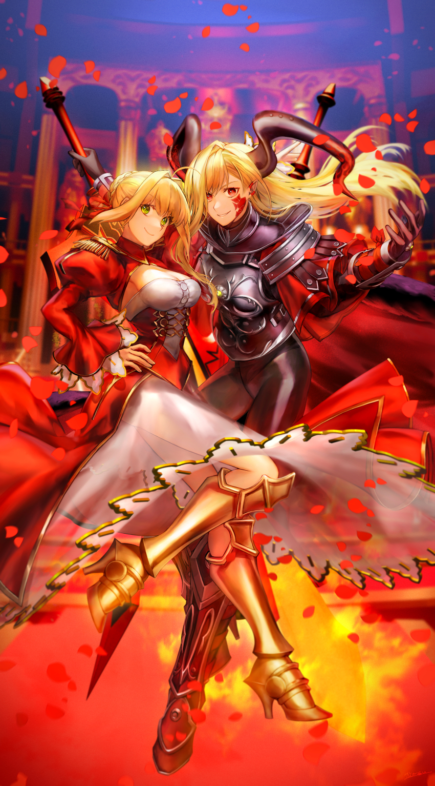 absurdres ahoge armor armored_bodysuit black_armor black_bodysuit black_gloves black_horns blonde_hair bodysuit braid braided_bun clothes_on_shoulders dragon_horns dress epaulettes facial_mark falling_petals fate/extra fate/grand_order fate/grand_order_arcade fate_(series) flower gloves green_eyes hair_bun hair_intakes highres holding holding_sword holding_weapon horns juliet_sleeves kankitsurui_(house_of_citrus) long_hair long_horns long_sleeves nero_claudius_(fate) nero_claudius_(fate/extra) petals pointy_ears pteruges puffy_sleeves queen_draco_(fate) queen_draco_(third_ascension)_(fate) red_dress red_eyes red_flower red_ribbon red_rose ribbon rose rose_petals shoulder_plates single_hair_bun sword weapon