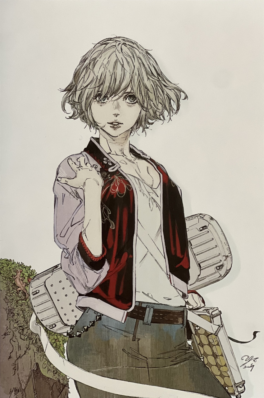 1girl absurdres blonde_hair boots full_body gun highres jacket kachi_(sin_and_punishment) non-web_source official_art scan short_hair simple_background sin_and_punishment skirt solo suzuki_yasushi thighhighs treasure_(developer) tsumi_to_batsu:_sora_no_koukeisha weapon zettai_ryouiki
