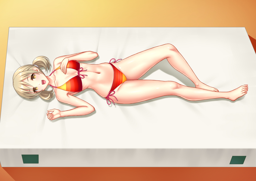 1girl barefoot bikini blonde_hair breasts cleavage commission from_above front-tie_bikini_top front-tie_top highres kuri_(kurigohan) looking_at_viewer lying mat medium_breasts medium_hair multicolored_bikini nesoberi open_mouth original pixiv_commission red_eyes side-tie_bikini_bottom smile solo striped_bikini striped_clothes swimsuit twintails
