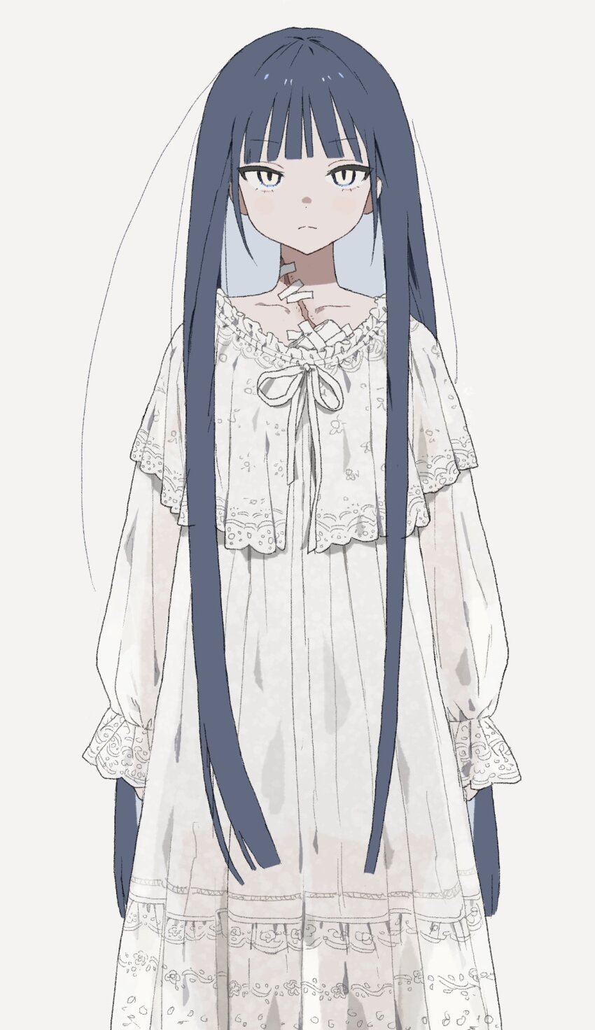 1girl arms_at_sides bandage_on_neck blue_hair blunt_bangs closed_mouth empty_eyes expressionless feet_out_of_frame gauze_on_chest highres lace-trimmed_nightgown light_frown long_hair long_sleeves looking_at_viewer loose_hair_strand nightgown original puffy_long_sleeves puffy_sleeves scar scar_on_chest scar_on_neck see-through_silhouette shirout00 sidelocks simple_background slit_pupils solo standing straight-on tsurime very_long_hair white_background white_eyes white_nightgown