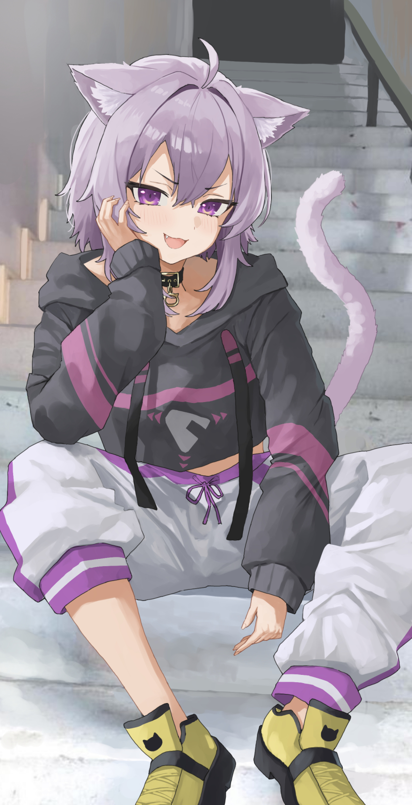 1girl absurdres animal_ears arm_support art_mu black_hoodie cat_ears cat_girl cat_tail cross-laced_footwear fang hair_between_eyes highres hololive hood hood_down hoodie medium_hair nekomata_okayu open_mouth pants purple_eyes purple_hair shoes sitting smile solo stairs tail virtual_youtuber white_pants