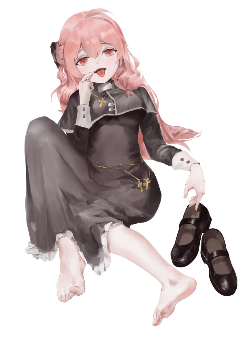 1girl absurdres barefoot black_ribbon black_shoes breasts brown_dust_(series) brown_dust_2 cross cross_necklace dress feet frs full_body hair_ornament hair_ribbon highres jewelry liberta_(brown_dust_2) liberta_(dark_saintess)_(brown_dust_2) long_hair long_sleeves looking_at_viewer mary_janes necklace nun open_mouth pink_hair red_eyes ribbon shoes simple_background sitting solo toes tongue tongue_out unworn_shoes white_background