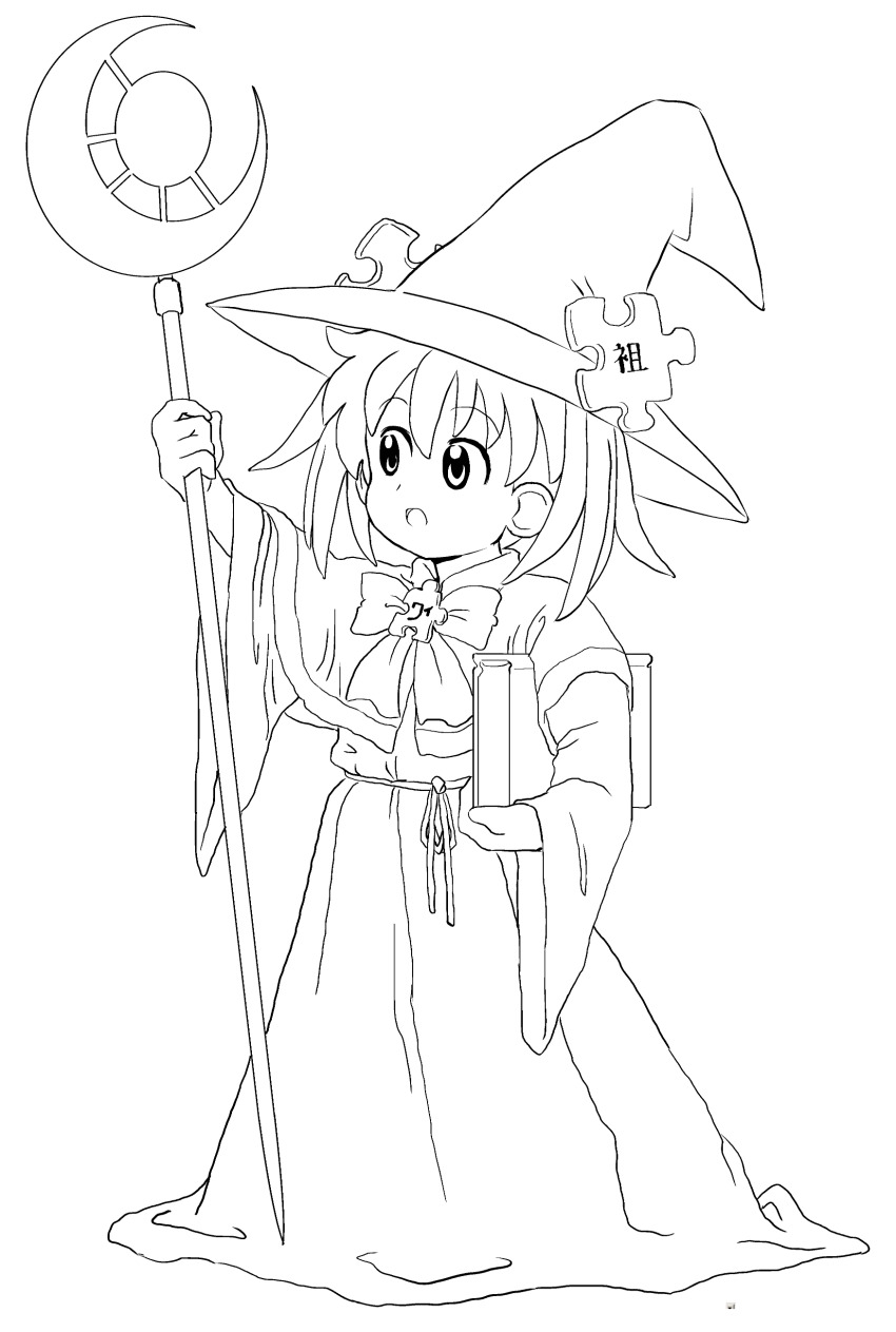1girl absurdres bow chile dress flat_chest full_body greyscale hat highres holding holding_staff holding_wand kasuga_(kasuga39) lineart long_dress long_hair long_sleeves monochrome open_mouth personification simple_background solo staff wand white_background wide_sleeves wikipe-tan wikipedia witch witch_hat