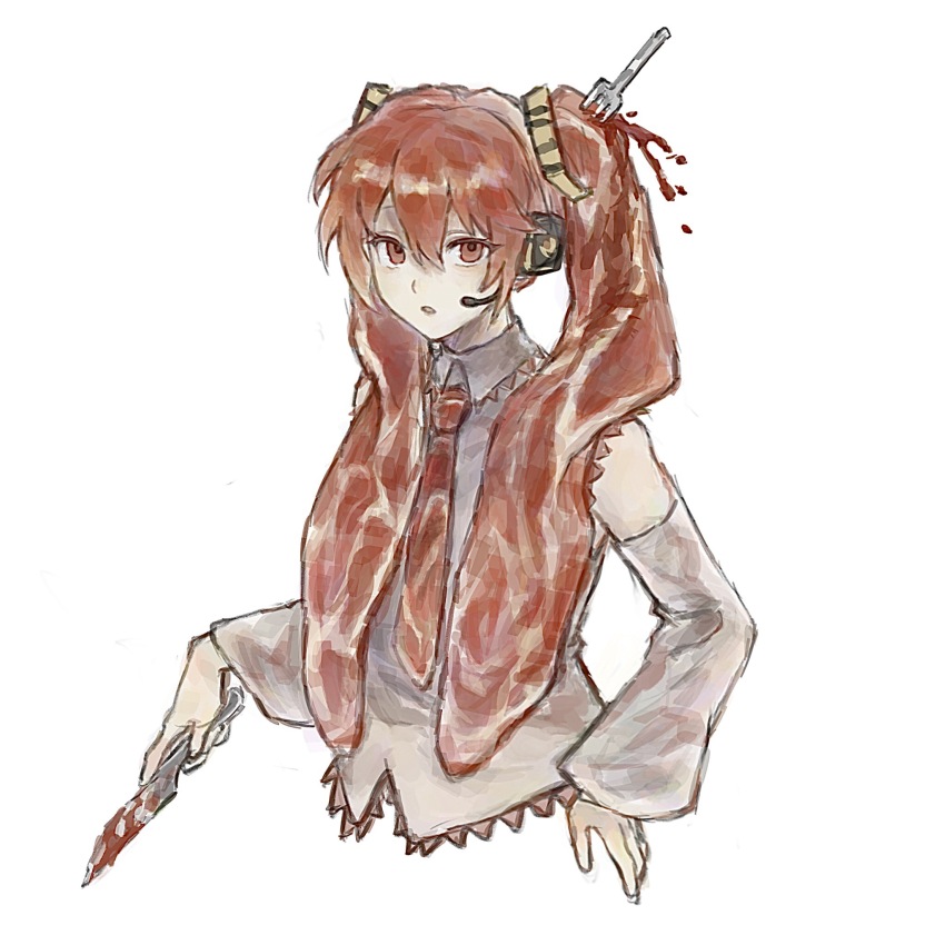 1girl blood chinese_commentary collared_shirt commentary_request cropped_torso detached_sleeves fork grey_shirt grey_sleeves hair_between_eyes hatsune_miku headset highres holding holding_knife knife long_hair meat_hair necktie niku_miku_(nankai) red_eyes red_hair red_necktie shirt solo twintails vocaloid zhangxijin