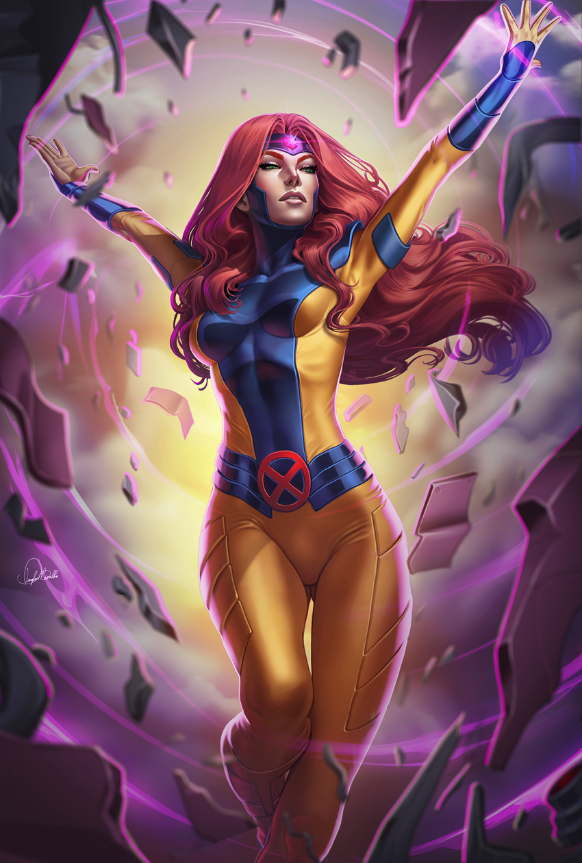 1girl arms_up blue_bodysuit bodysuit douglas_bicalho green_eyes highres jean_grey long_hair looking_at_viewer marvel orange_hair solo superhero_costume telekinesis two-tone_bodysuit x-men yellow_bodysuit