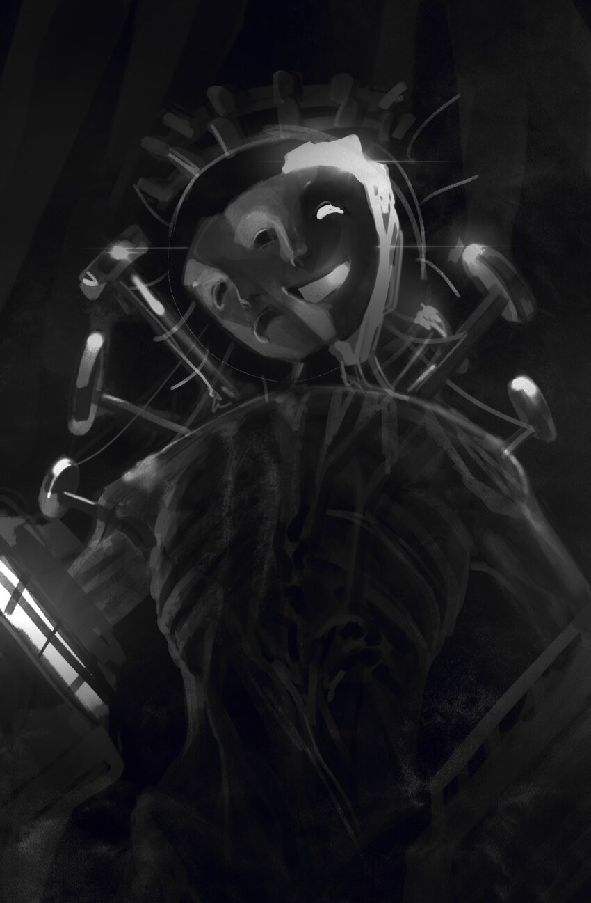 1other catnip_cataria comedy_and_tragedy_masks cowboy_shot curtains facing_viewer floodlights greyscale hands_on_own_hips highres impaled mask monochrome multiple_expressions multiple_heads nail_(hardware) no_shirt noli_(roblox) pressure_(roblox) ribs solo