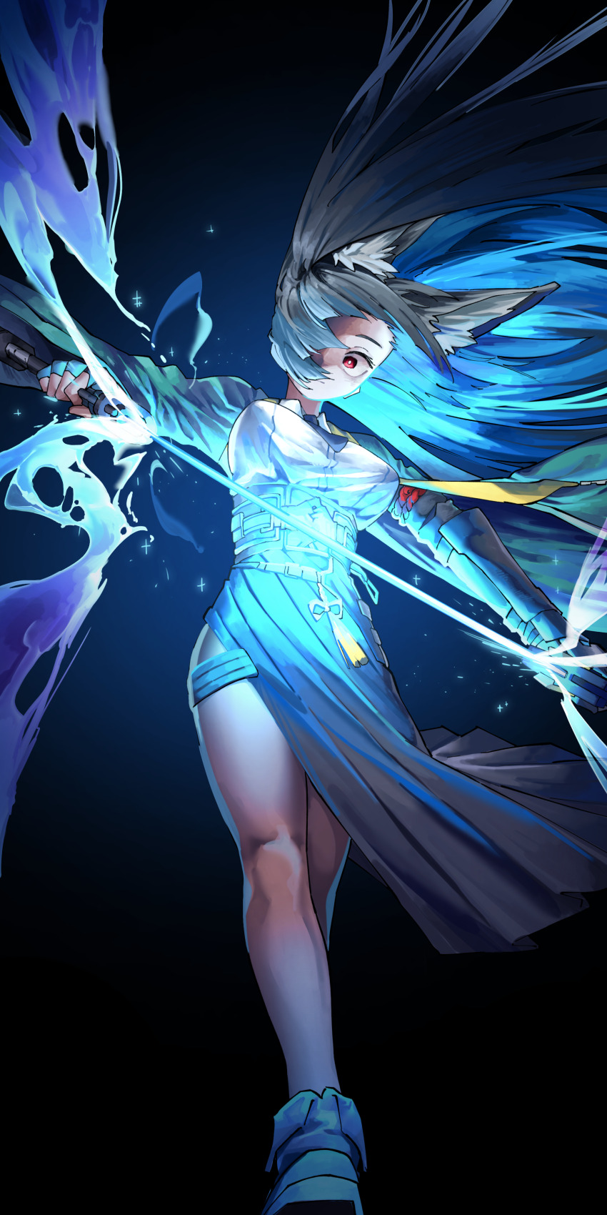 1girl absurdres animal_ear_fluff animal_ears black_gloves black_hair black_necktie black_skirt blue_background blue_fire closed_mouth cowboy_shot dress_shirt fingerless_gloves fire floating_hair fox_ears fox_girl gloves green_jacket high-waist_skirt highres holding holding_sword holding_weapon hoshimi_miyabi jacket katana long_hair necktie red_eyes shirt skirt solo sword vivo_(vivo_sun_0222) weapon white_shirt zenless_zone_zero