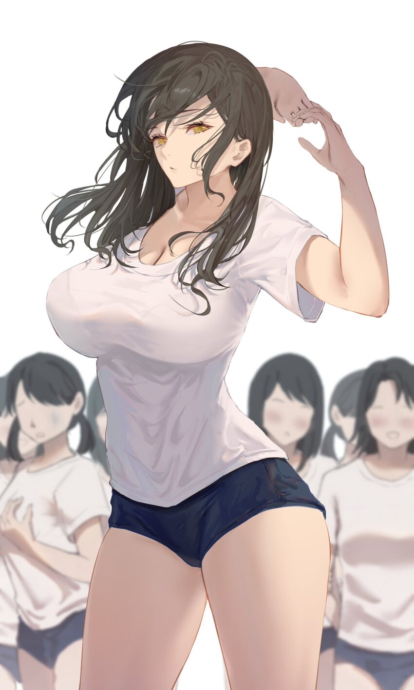 6+girls arms_up aruhi_(pyxk7325) blue_buruma blurry blurry_background blush bralines breasts brown_hair buruma cleavage closed_mouth commentary_request cowboy_shot depth_of_field expressionless eyelashes faceless faceless_female floating_hair gym_uniform highres huge_breasts impossible_clothes impossible_shirt long_hair looking_at_viewer multiple_girls orange_eyes original shirt short_sleeves simple_background solo_focus standing stretching t-shirt thighs white_background white_shirt