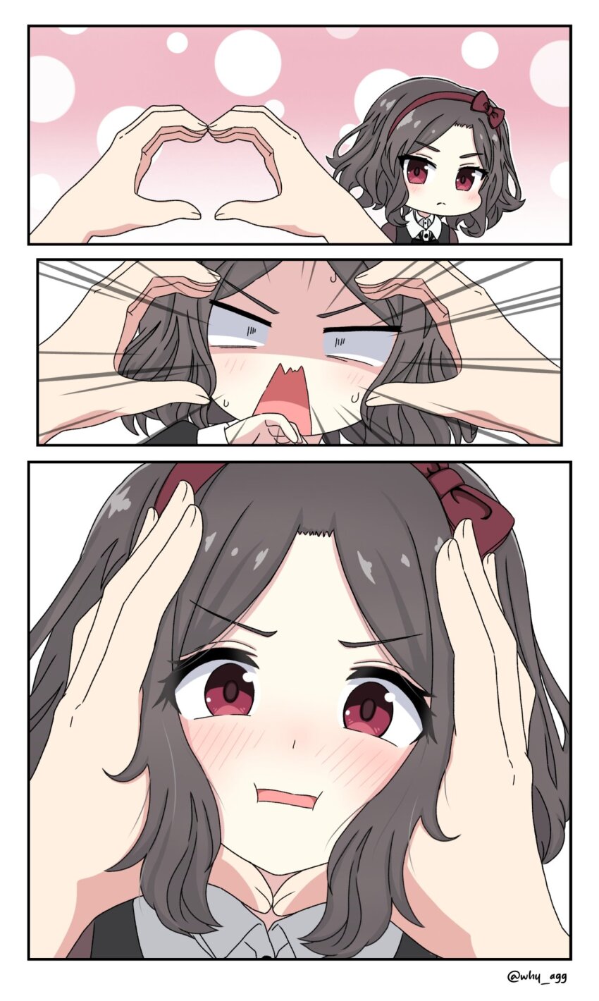 2girls a_whydc blush bow_hairband brown_hair commentary ebizuka_tomo girls_band_cry hairband heart heart_hands highres looking_at_viewer multiple_girls parted_lips pink_background pov red_eyes red_hairband short_hair snoot_challenge sweatdrop white_background