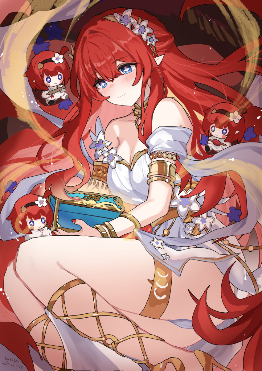1girl absurdres bare_legs bare_shoulders blue_eyes box breasts bright_pupils character_doll cleavage closed_mouth commentary dated dress flower flower-shaped_pupils gladiator_sandals hair_flower hair_ornament hair_spread_out highres holding holding_box honkai:_star_rail honkai_(series) kkkula_(kula) large_breasts legs light_blush light_smile long_hair lying on_side pointy_ears red_hair sandals sidelocks signature solo strapless strapless_dress symbol-shaped_pupils tribbie_(honkai:_star_rail) tribios_(honkai:_star_rail) very_long_hair white_dress white_pupils