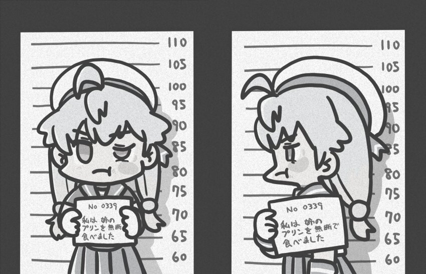 1girl ahoge bruise cowboy_shot ferret-san greyscale hat height_chart highres injury kantai_collection long_hair looking_at_viewer low_twintails monochrome mugshot multiple_views pleated_skirt sado_(kancolle) sailor_collar sailor_hat sailor_shirt school_uniform serafuku shirt skirt translation_request twintails