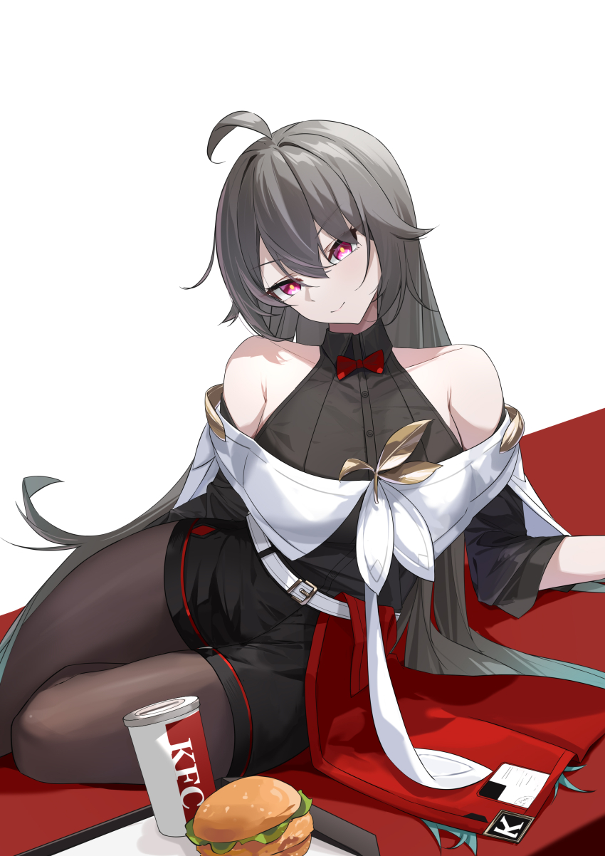 1girl absurdres ahoge alternate_costume armpit_crease bare_shoulders belt black_pantyhose black_shirt black_shorts bow bowtie breasts burger cleavage closed_mouth commentary fast_food food grey_hair hair_between_eyes highres honkai_(series) honkai_impact_3rd kfc large_breasts lilin_(pixiv_25958194) looking_at_viewer official_alternate_costume pantyhose pantyhose_under_shorts red_bow red_bowtie red_eyes shirt shorts simple_background sitting smile solo vita_(honkai_impact) vita_(kfc)_(honkai_impact) white_background white_belt yellow_pupils