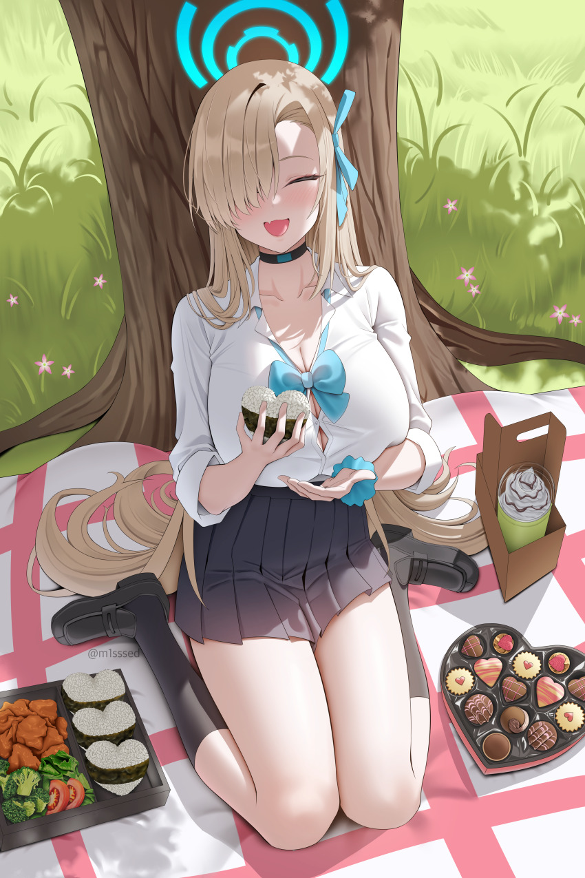 1girl absurdres asuna_(blue_archive) asuna_(school_uniform)_(blue_archive) black_shoes black_skirt black_socks blonde_hair blue_archive blue_bow blue_ribbon blue_scrunchie blush bow broccoli candy chocolate chocolate_heart fang food hair_over_one_eye hair_ribbon heart heart-shaped_food highres holding holding_food long_hair looking_at_viewer m1ssed official_alternate_costume onigiri open_mouth ribbon scrunchie shirt shoes sidelocks skin_fang skirt socks solo tomato tomato_slice white_shirt wrist_scrunchie