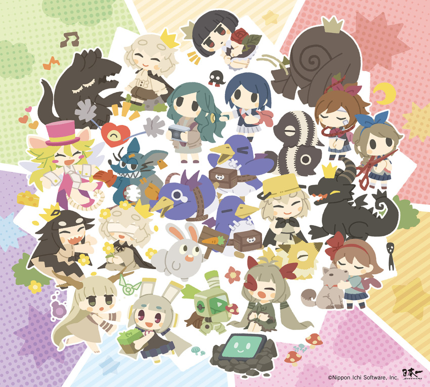 2boys 6+girls artist_request bandages bandages_over_eyes blind_prince camera character_request chibi closed_eyes creature crescent crown dog dragon full_body ghost haru_(yomawari) heart_(mad_rat_dead) holding holding_camera horns hotaru_(htol#niq) htol#niq:_hotaru_no_nikki key_visual liar_princess liar_princess_(wolf_form) mad_rat mad_rat_dead mion_(htol#niq) monster multiple_boys multiple_girls mushroom musical_note nippon_ichi official_art omoide_no_naka_no_shoujo open_mouth prinny promotional_art protagonist_(yomawari) rabbit rat_god robot rose_(rose_to_tasogare_no_kojou) rose_to_tasogare_no_kojou scissors sharp_teeth shin_yomawari smile teeth titan_(rose_to_tasogare_no_kojou) toriko_(void_terrarium) usotsuki_hime_to_moumoku_ouji void_terrarium warui_ousama_to_rippana_yuusha yomawari yomawari_(series) yomawari_san yui_(yomawari) yuzu_(yomawari)