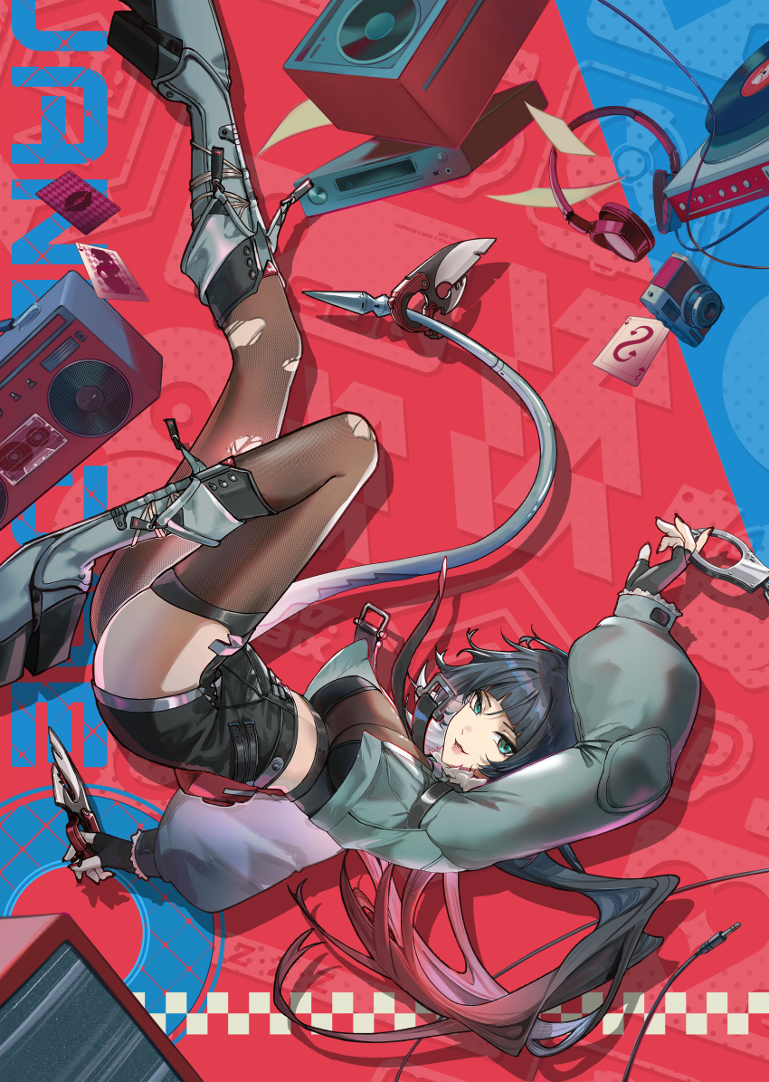 1girl absurdres allenerie animal_ears black_hair black_shorts blunt_bangs breasts card fingerless_gloves fur-trimmed_jacket fur_trim gloves green_eyes headphones high-waist_shorts highres holding holding_knife jacket jane_doe_(zenless_zone_zero) knife large_breasts long_hair long_tail looking_at_viewer mouse_ears mouse_girl mouse_tail multicolored_hair necktie pantyhose phonograph playing_card red_hair red_nails sharp_tail shorts single_leg_pantyhose single_thighhigh solo tail thighhighs torn_clothes torn_pantyhose torn_thighhighs turntable two-tone_necktie zenless_zone_zero
