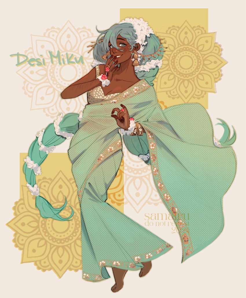 1girl alternate_costume alternate_skin_color aqua_eyes aqua_hair artist_name barefoot commentary dark-skinned_female dark_skin english_commentary english_text flower foot_up full_body hair_between_eyes hair_flower hair_ornament hatsune_miku highres indian_clothes long_hair multi-tied_hair samairu sari single_bare_shoulder smile solo twintails very_long_hair vocaloid white_flower worldwide_miku
