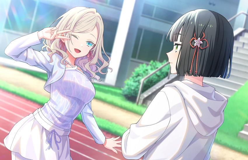 2girls ;d black_hair blue_eyes blunt_bangs blunt_ends blurry blurry_background bob_cut breasts ceras_yanagida_lilienfeld ceras_yanagida_lilienfeld_(summer_training_wear) collarbone colored_eyelashes cowboy_shot cropped_jacket flower flower_knot game_cg green_eyes grey_hair hair_flower hair_intakes hair_ornament hair_ribbon highres hood hood_down hoodie in-universe_location jacket jitome large_breasts lens_flare link!_like!_love_live! long_hair long_sleeves looking_at_another love_live! miniskirt momose_ginko momose_ginko_(summer_training_wear) multiple_girls non-web_source official_art one_eye_closed open_clothes open_hand open_jacket open_mouth outdoors pink_flower pink_ribbon purple_shirt ribbon running_track shirt short_hair skirt smile unamused upper_body v v_over_eye virtual_youtuber wavy_hair white_hoodie white_jacket white_skirt