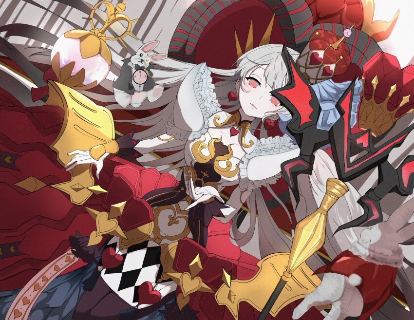 1girl breasts crown dress duel_monster grey_hair heart highres large_breasts long_hair maliss_&lt;q&gt;_hearts_crypter medium_breasts rabbit red_eyes uragawai white_dress yu-gi-oh!