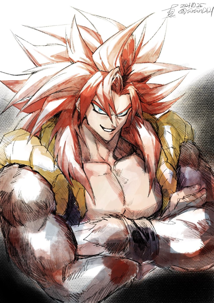 1boy blue_eyes body_fur crossed_arms dated dragon_ball dragon_ball_gt gogeta grin highres long_hair looking_at_viewer male_focus metamoran_vest muscular muscular_male pectoral_cleavage pectorals red_hair shin_(sinsin12121) signature simple_background smile solo spiked_hair super_saiyan super_saiyan_4 twitter_username upper_body