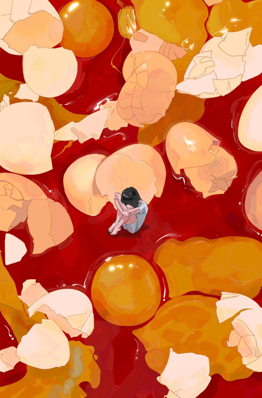 1other absurdres bare_legs barefoot black_hair blacksheep chinese_commentary commentary_request egg_(food) egg_yolk eggshell facing_down food food-themed_background food_focus from_below head_down highres hugging_own_legs original other_focus oversized_food oversized_object red_ocean shirt short_sleeves shorts sitting solo t-shirt white_shirt white_shorts wide_shot
