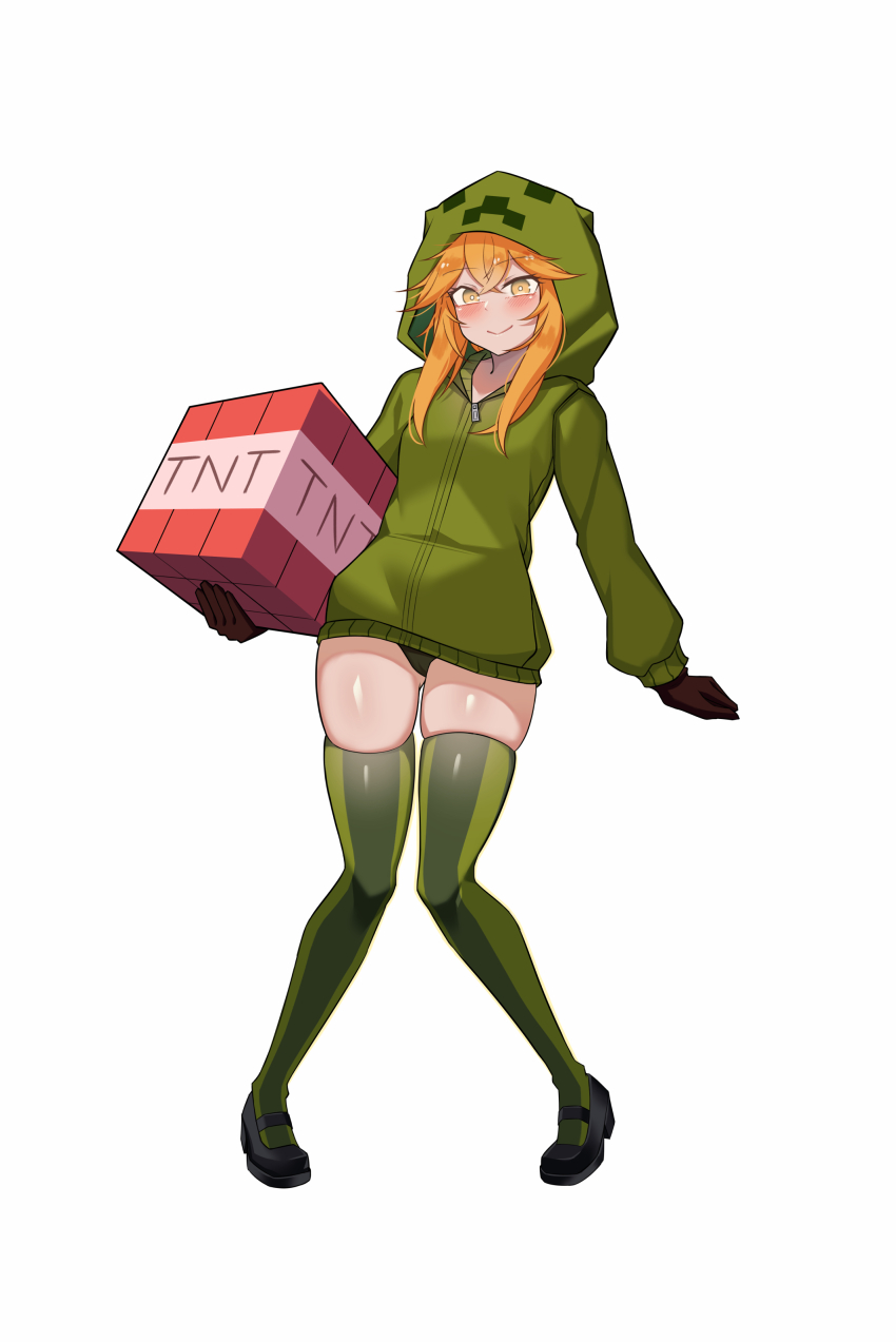 1girl absurdres creeparka creeper cupa_(at2.) destinyplayer1 explosive gloves gluteal_fold green_hoodie green_thighhighs highres holding_block hood hoodie knees_together_feet_apart long_hair looking_at_viewer mary_janes minecraft mob_talker orange_eyes orange_hair panties personification pigeon-toed shoes simple_background skindentation smile solo thighhighs tnt tnt_block_(minecraft) underwear white_background