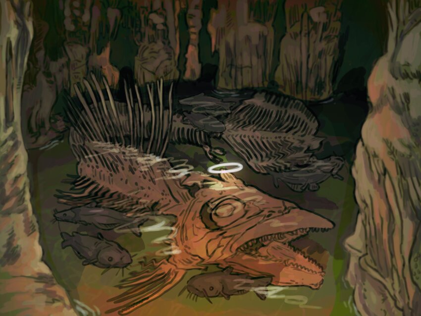 angel animal_skeleton bhramarii catfish cave death empty_eyes fish fish_skeleton fish_skeleton halo highres original sharp_teeth stalactite stalagmite swimming teeth tropical_fish underwater water whiskers